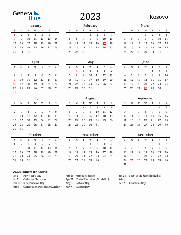 Kosovo Holidays Calendar for 2023