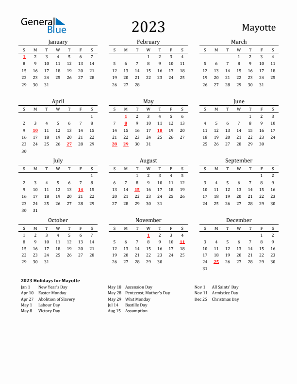 Mayotte Holidays Calendar for 2023
