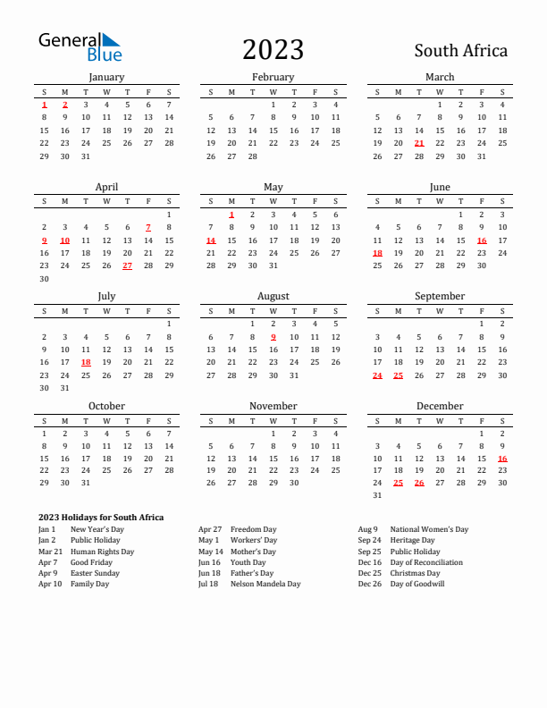 South Africa Holidays Calendar for 2023
