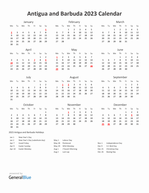 2023 Yearly Calendar Printable With Antigua and Barbuda Holidays