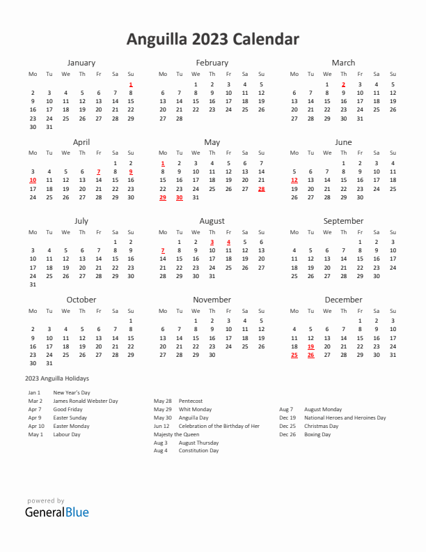 2023 Yearly Calendar Printable With Anguilla Holidays
