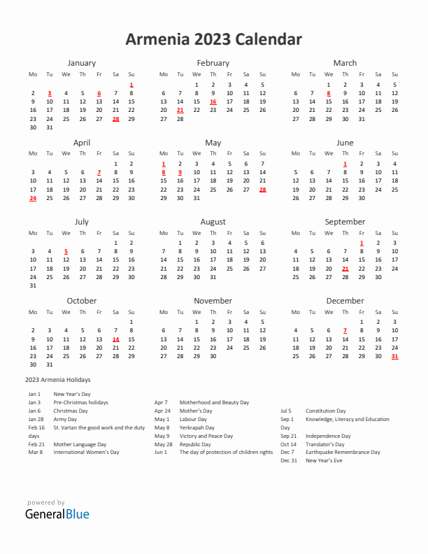 2023 Yearly Calendar Printable With Armenia Holidays