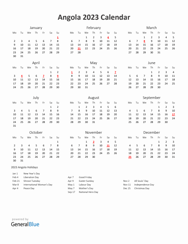 2023 Yearly Calendar Printable With Angola Holidays