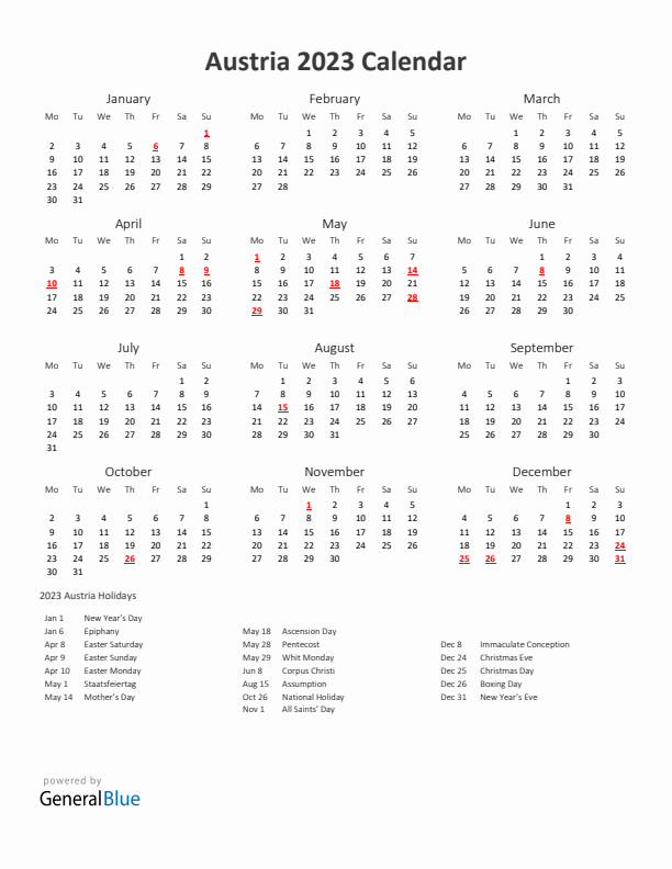 2023 Yearly Calendar Printable With Austria Holidays