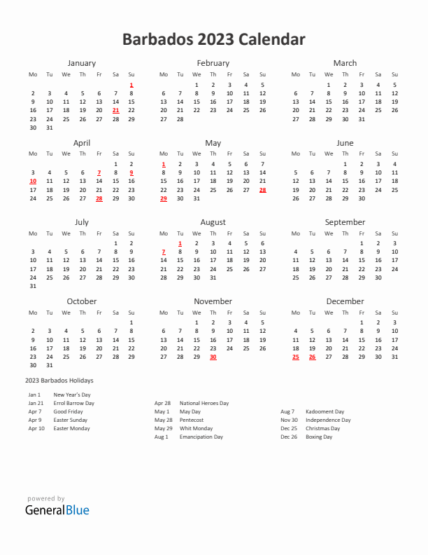 2023 Yearly Calendar Printable With Barbados Holidays