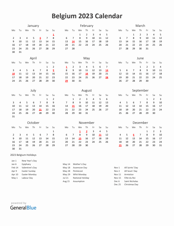 2023 Yearly Calendar Printable With Belgium Holidays