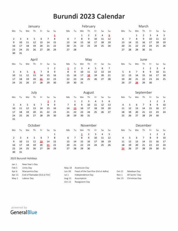 2023 Yearly Calendar Printable With Burundi Holidays