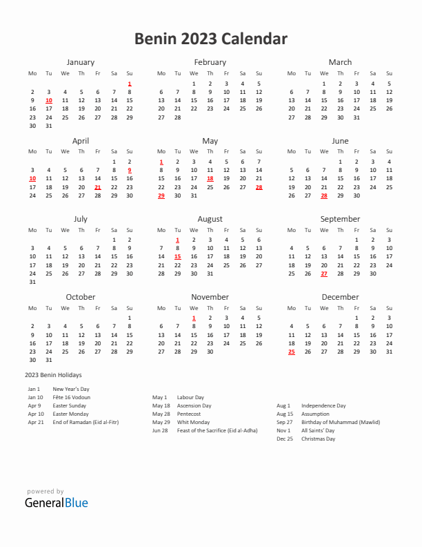 2023 Yearly Calendar Printable With Benin Holidays
