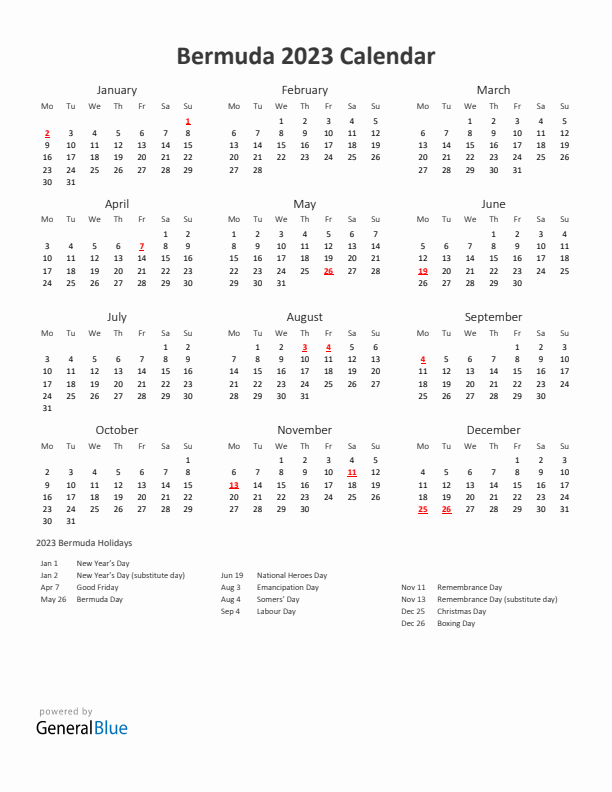 2023 Yearly Calendar Printable With Bermuda Holidays