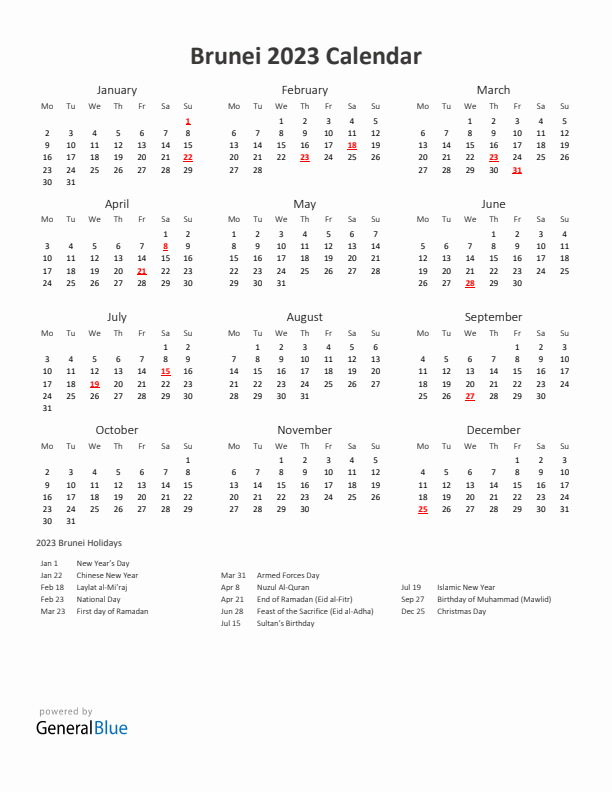 2023 Yearly Calendar Printable With Brunei Holidays