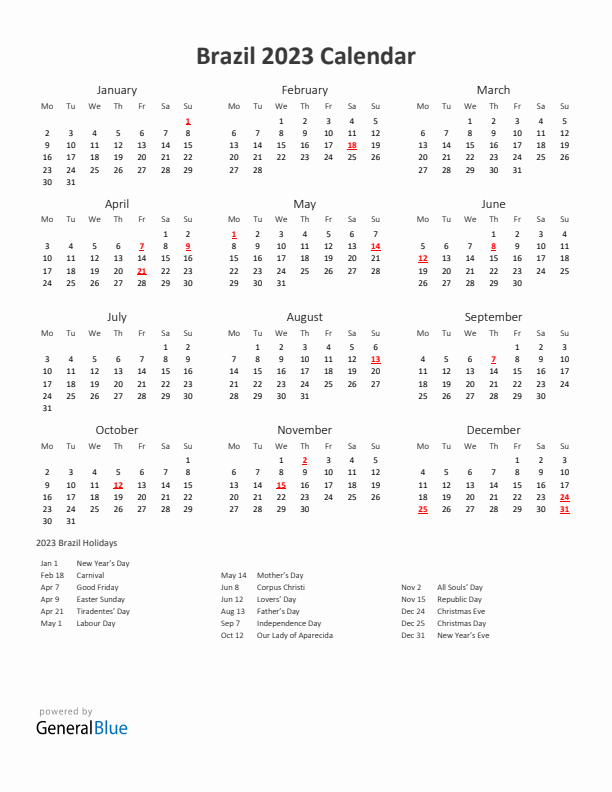 2023 Yearly Calendar Printable With Brazil Holidays