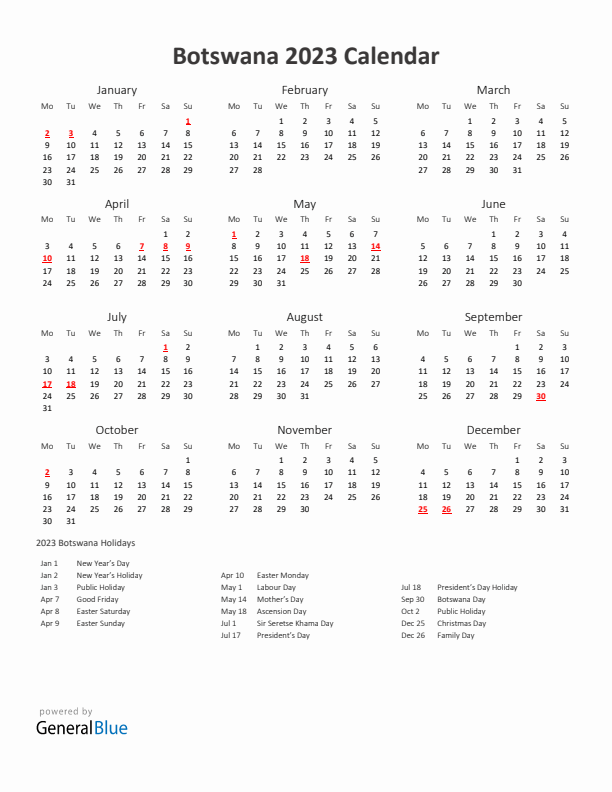 2023 Yearly Calendar Printable With Botswana Holidays
