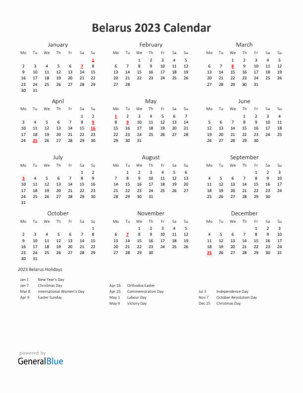 2023 Yearly Calendar Printable With Belarus Holidays