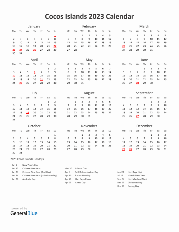 2023 Yearly Calendar Printable With Cocos Islands Holidays