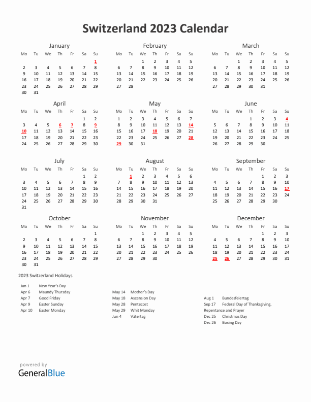 2023 Yearly Calendar Printable With Switzerland Holidays