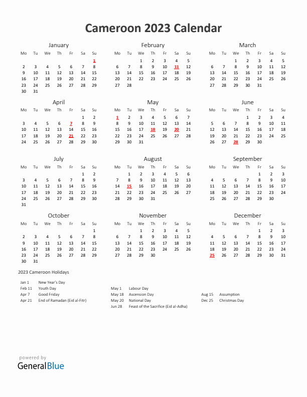 2023 Yearly Calendar Printable With Cameroon Holidays