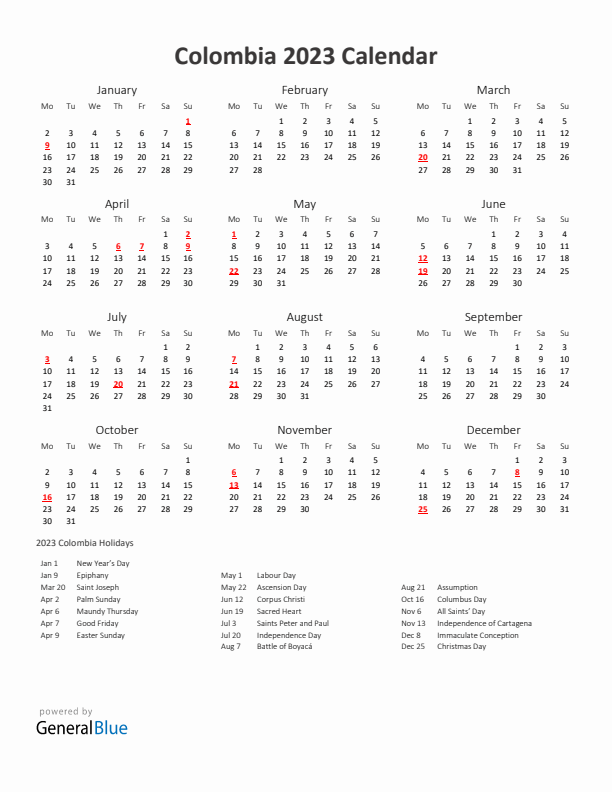 2023 Yearly Calendar Printable With Colombia Holidays