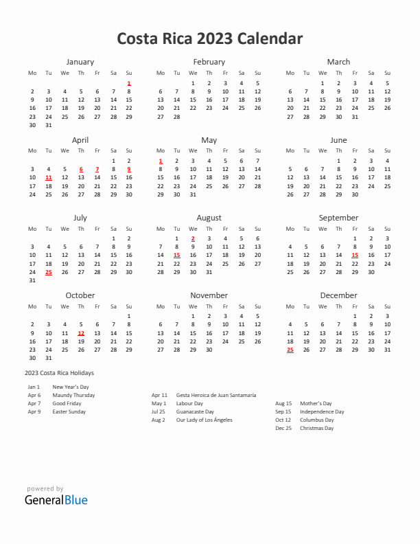 2023 Yearly Calendar Printable With Costa Rica Holidays