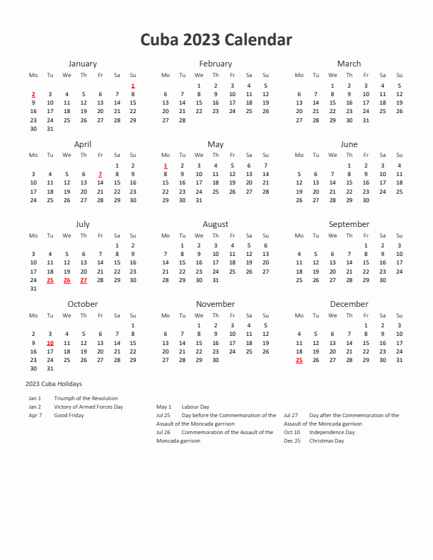 2023 Yearly Calendar Printable With Cuba Holidays
