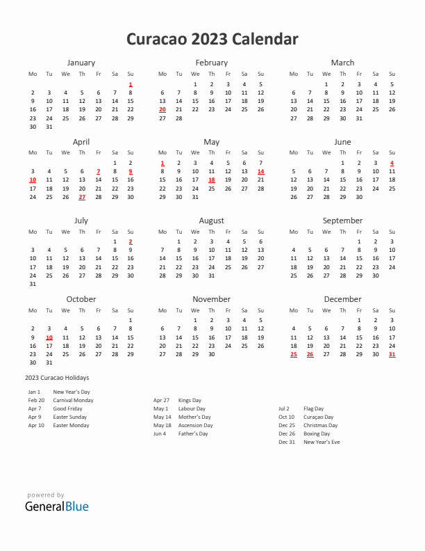 2023 Yearly Calendar Printable With Curacao Holidays