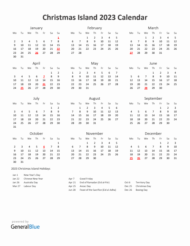 2023 Yearly Calendar Printable With Christmas Island Holidays