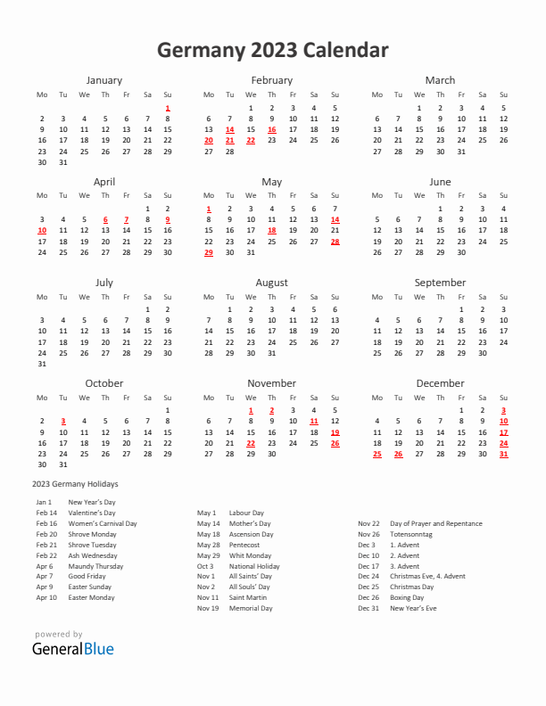 2023 Yearly Calendar Printable With Germany Holidays