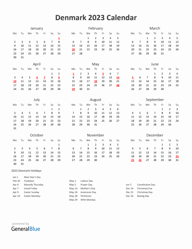 2023 Yearly Calendar Printable With Denmark Holidays