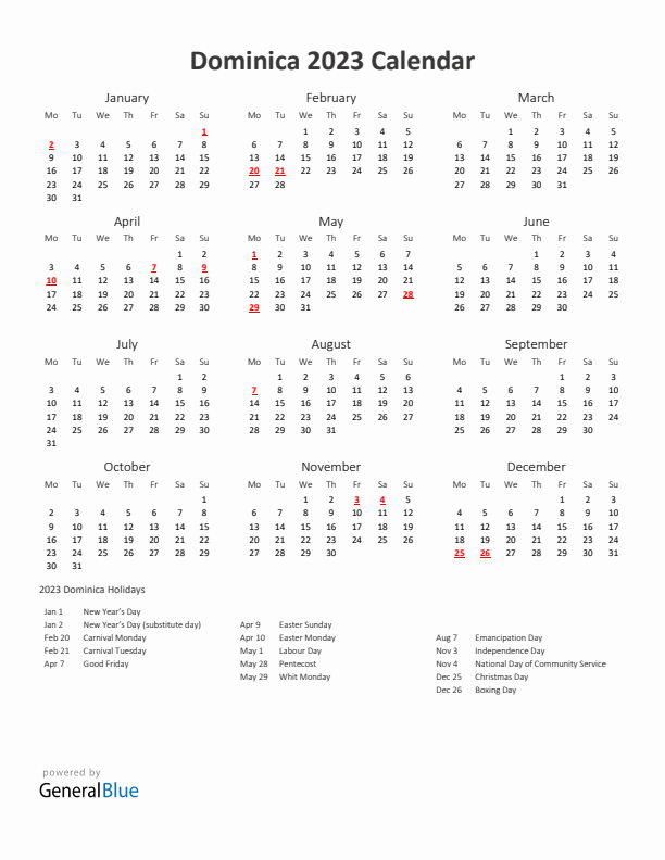2023 Yearly Calendar Printable With Dominica Holidays