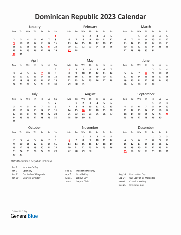 2023 Yearly Calendar Printable With Dominican Republic Holidays