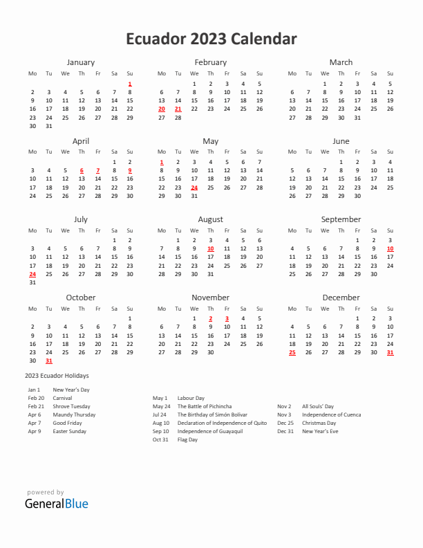 2023 Yearly Calendar Printable With Ecuador Holidays