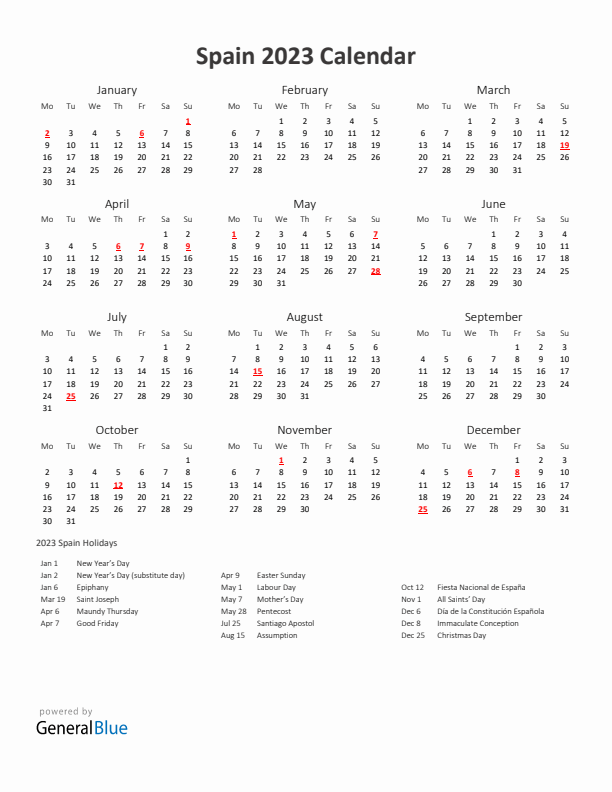 2023 Yearly Calendar Printable With Spain Holidays