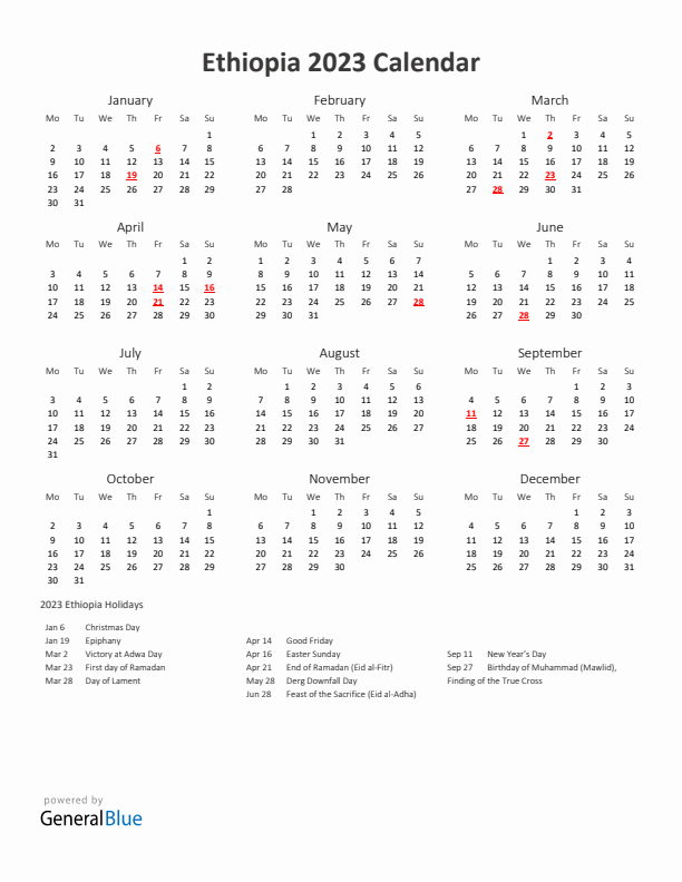 2023 Yearly Calendar Printable With Ethiopia Holidays