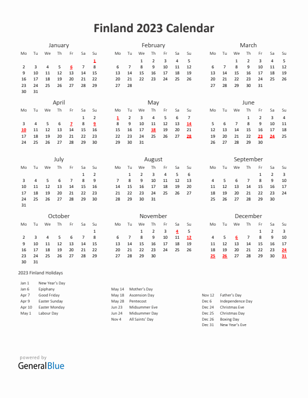2023 Yearly Calendar Printable With Finland Holidays