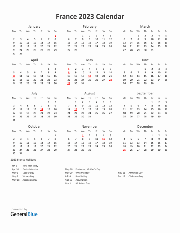 2023 Yearly Calendar Printable With France Holidays