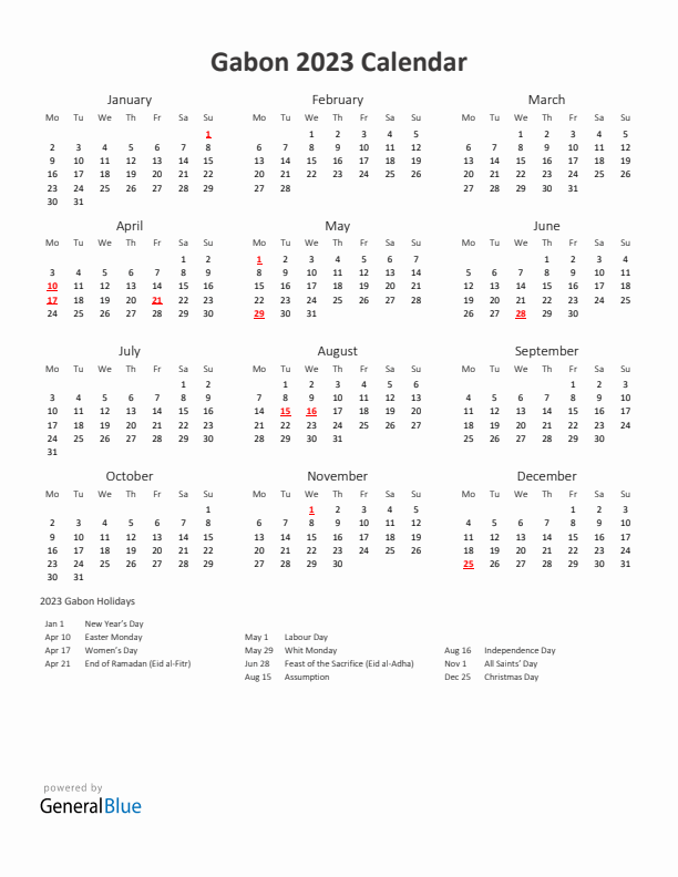 2023 Yearly Calendar Printable With Gabon Holidays