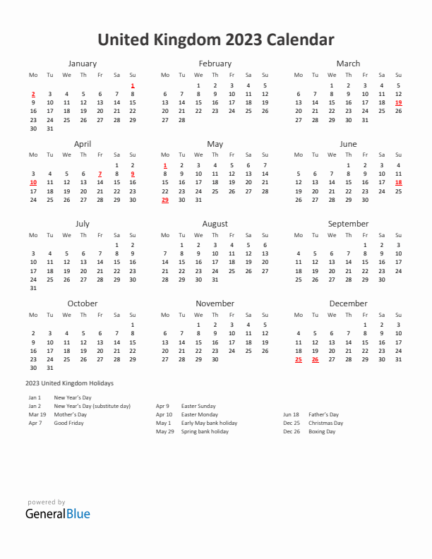 2023 Yearly Calendar Printable With United Kingdom Holidays