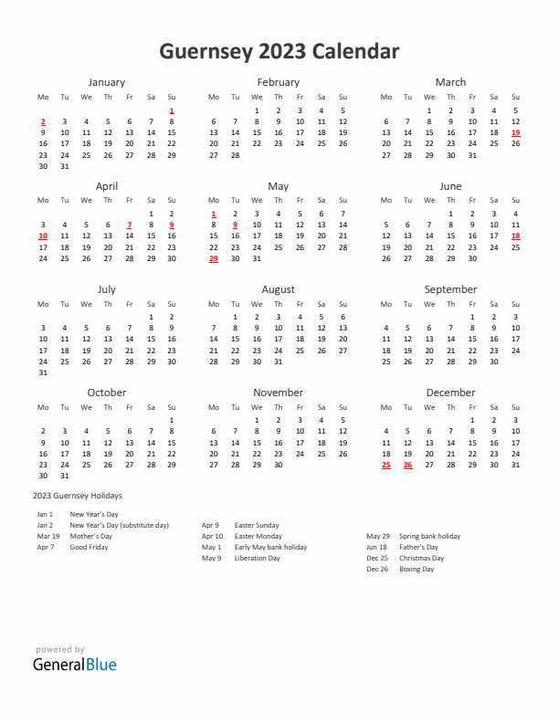 2023 Yearly Calendar Printable With Guernsey Holidays
