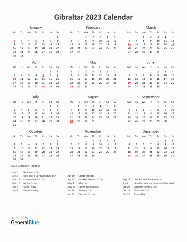 2023 Yearly Calendar Printable With Gibraltar Holidays