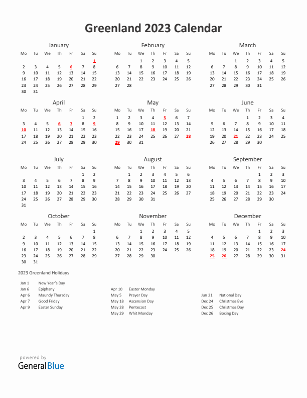 2023 Yearly Calendar Printable With Greenland Holidays