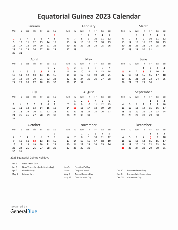 2023 Yearly Calendar Printable With Equatorial Guinea Holidays