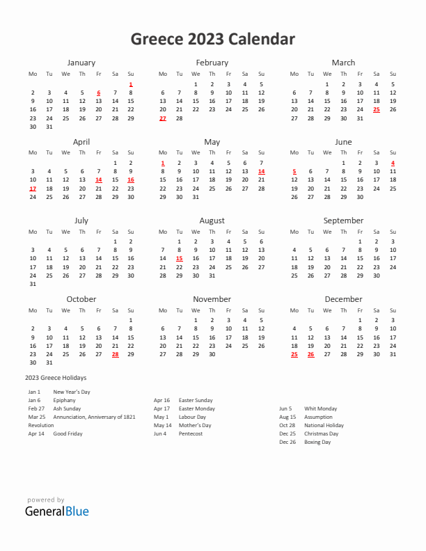 2023 Yearly Calendar Printable With Greece Holidays