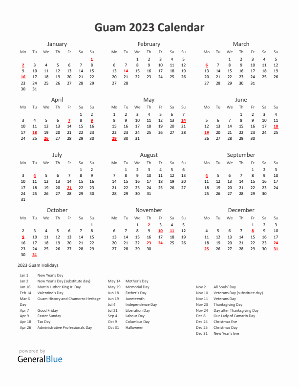 2023 Yearly Calendar Printable With Guam Holidays