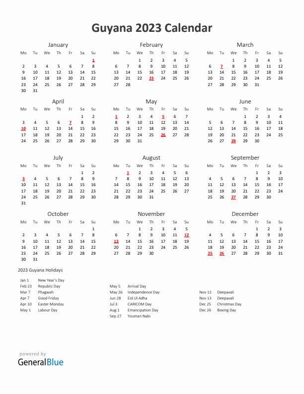 2023 Yearly Calendar Printable With Guyana Holidays