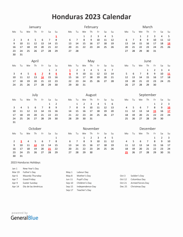2023 Yearly Calendar Printable With Honduras Holidays