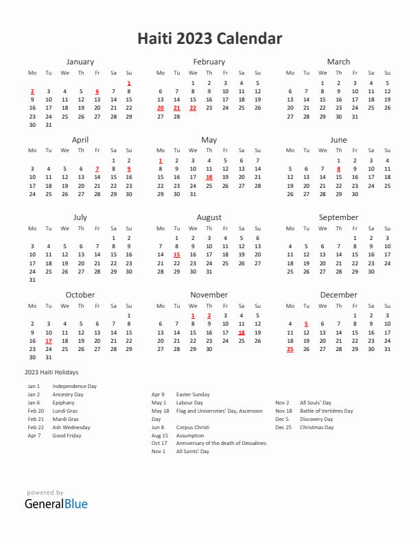 2023 Yearly Calendar Printable With Haiti Holidays