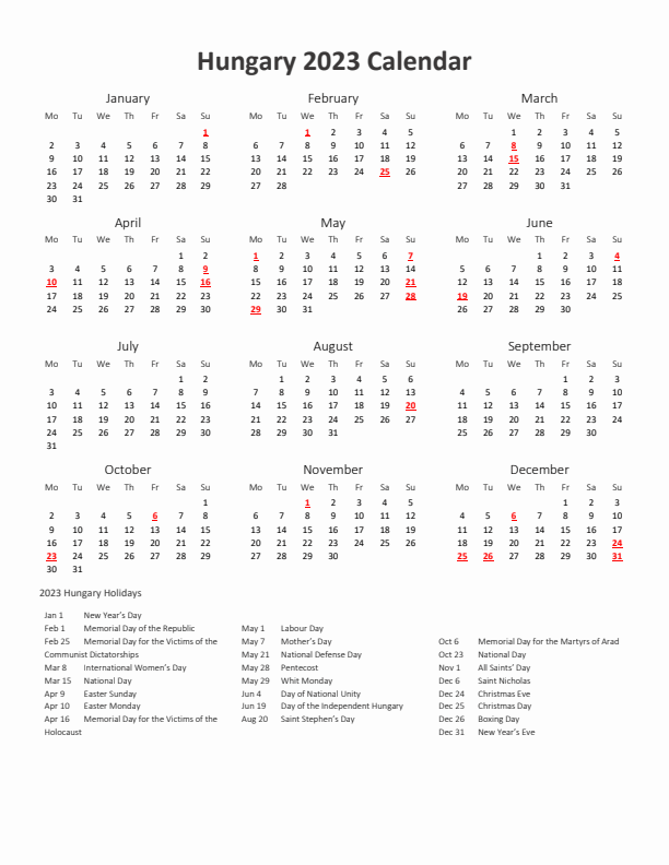 2023 Yearly Calendar Printable With Hungary Holidays
