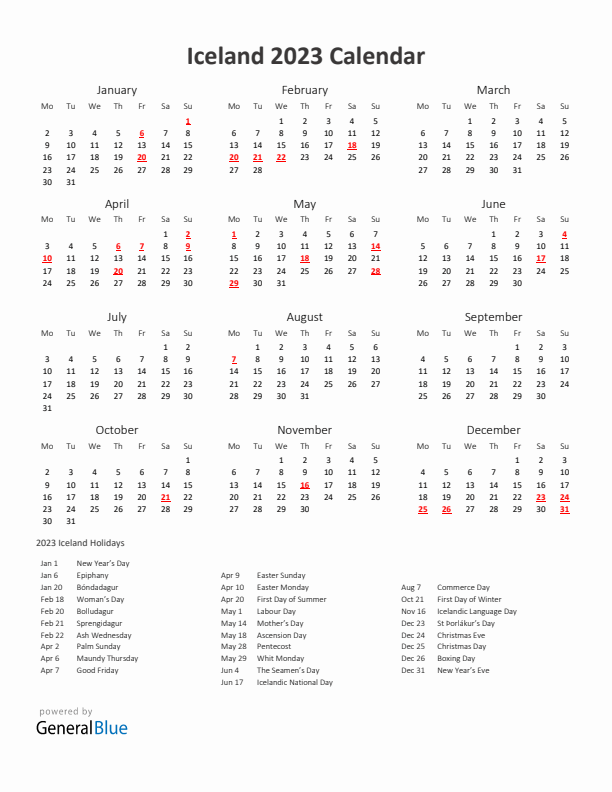 2023 Yearly Calendar Printable With Iceland Holidays