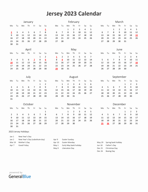 2023 Yearly Calendar Printable With Jersey Holidays