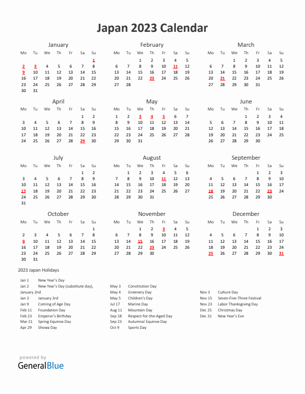 2023 Yearly Calendar Printable With Japan Holidays