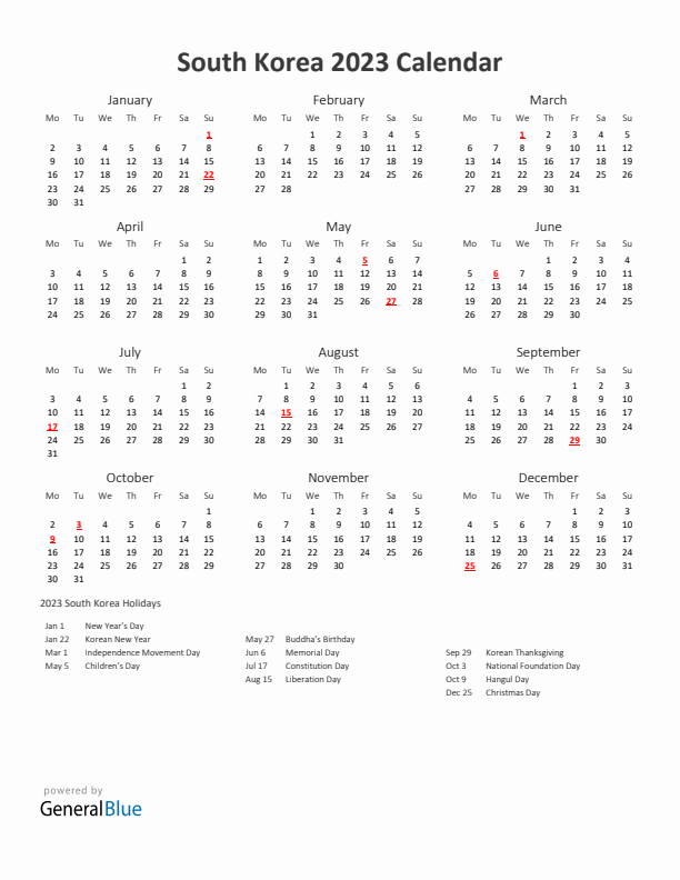 2023 Yearly Calendar Printable With South Korea Holidays